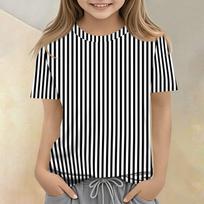 Kids Striped Print Crew Neck Short Sleeve Casual T-Shirt Lightweight Comfortable Soft Fabric Suitable for Daily Wear and Outdoor Activities 160 juoda