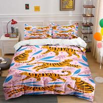 Tiger Pattern with Leaves Bedding Duvet Cover Set  (1*Duvet Cover 2*Pillowcases, without duvet insert) 140x200cm