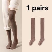 Thigh High Stockings Womens Wool Socks Autumn/Winter Solid Color Thigh High Medias Lolita Thick Warm Stockings Long Leg Socks One Size beige