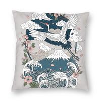 Ukiyo-E Japanese Crane Fuji Sakura Square Pillowcase Polyester Linen Velvet Pattern Zip Decor Sofa Cushion Cover 45X45 Peach skin 18*18(CM)-1Pcs white