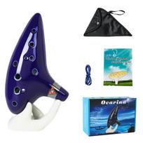 New Ocarina 12 Hole Alto C Ceramic Piccolo, Musical Instrument, Gift for Children Adults with Stand Music Book Neck-Strap Bag blue