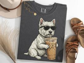 West Highland White Terrier Drinking Iced Coffee Shirt, Funny Westie Meme Tee, Dog Lover Gift M gray