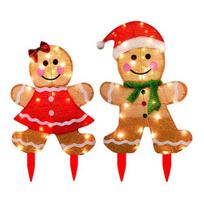 Yousheng 2 Pcs Christmas Gingerbread Man Yard Sign Lighted Gingerbread Boy And Girl Sign with Stake for Outdoor Lawn Patio Garden Decor metal beige