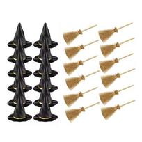 12/24 vnt. mini raganų skrybėlių ir mini šluotų rinkinys Helovino vakarėliui, rankdarbiams, raganų dekoravimo aksesuarai 24PCS