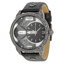 DIESEL Mini Daddy Moteriškas kvarcinis laikrodis Pilkas ciferblatas Odinis dirželis 46mm DZ7328 juoda