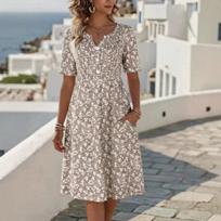 Summer New Floral Print V-neck Short Sleeve Midi Dress for Women, European Style Casual Ladies Dress M chaki