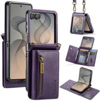 2 in 1 Luxury Leather Flip Phone Case for Samsung Galaxy Z Flip 8 7 6 5 4 3 7FE Magnetic Wallet Card Solt Zipper Lanyard Cover Galaxy Z Flip7 violetinė