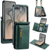 2 in 1 Luxury Leather Flip Phone Case for Samsung Galaxy Z Flip 8 7 6 5 4 3 7FE Magnetic Wallet Card Solt Zipper Lanyard Cover Galaxy Z Flip 8 žalia
