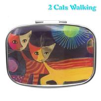 Family Cats Moonlight Pill Box Holder Storage Organizer Case W/Inner Mirror 2 cats walking black