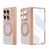 Magnetic Glitter Leather Case For Motorola Razr Fold Luxury Plating Bumper Glass Screen Protector Film 360 Rotating Ring Stand Cover Motorola Razr Fold violetinė