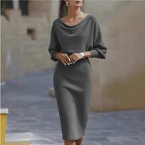 Fashion Draped Batwing Sleeve Midi Dress for Women, Casual Party Dress for European American Markets XL pilka spalva