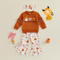 Baby Girls Halloween Pumpkin Embroidery Pullover Neck Long Sleeve Sweatshirt with Elastic Waist Flare Pants Set 100 oranžinė
