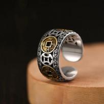 Chinese Feng Shui Pixiu Ring Silver Plated Copper Coins Adjustable Rings for Women Men Amulet Wealth Lucky Jewelry Birthday Gift gray