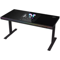 LORGAR Dual-motor sit/stand adjustable-height gaming desk with built-in PC case, wireless charger, RGB lighting, control panel, and USB ports, tempered glass tabletop, black.