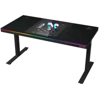LORGAR Dual-motor sit/stand adjustable-height gaming desk with built-in PC case, wireless charger, RGB lighting, control panel, and USB ports, PB melamine surface tabletop, black.