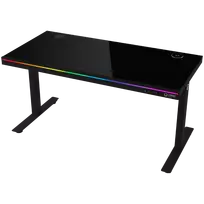 LORGAR Dual-motor sit/stand adjustable-height gaming desk with wireless charger, RGB lighting, control panel, and USB ports, solid tempered glass tabletop, black.