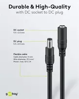 Goobay DC Extension Cable, 1.5m 5.5x2.5mm black 2x0.5 mm² max 24VDC 140W