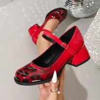 European Leopard Print Women's Mary Jane Flats - Round Toe, Chunky Heel, Ankle Strap, Gradient Design. 38 red