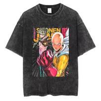 Anime Manga Peripherals ONE Punch-Man Saitama Graphic Print T-shirt Men Women Retro Washed Loose Casual Oversized Top O-neck Cotton Summer New Tee M