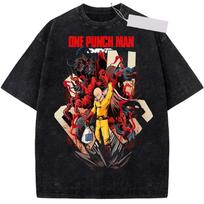 Anime Manga Peripherals ONE Punch-Man Saitama Graphic Print T-shirt Men Women Retro Washed Loose Casual Oversized Top O-neck Cotton Summer New Tee M red