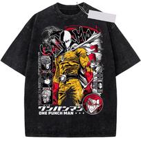 Anime Manga Peripherals ONE Punch-Man Saitama Graphic Print T-shirt Men Women Retro Washed Loose Casual Oversized Top O-neck Cotton Summer New Tee XXL gray