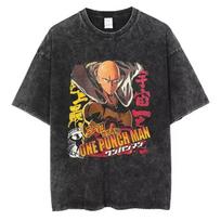Anime Manga Peripherals ONE Punch-Man Saitama Graphic Print T-shirt Men Women Retro Washed Loose Casual Oversized Top O-neck Cotton Summer New Tee XXXL black