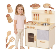 Tooky Toy medinė virtuvėlė vaikams su 10 priedų, kremiškai‑smėlinė