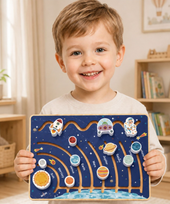 Tooky Toy medinė edukacinė lentelė „Saulės sistema“ su labirintu ir slankiojančiais elementais
