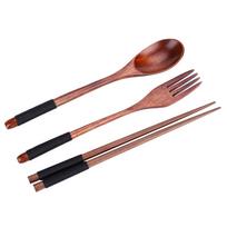 Mediniai valgymo pagaliukai, šaukštas, šakutė, stalo įrankiai, indai 3 vnt. rinkinys (juodu siūlu) brown