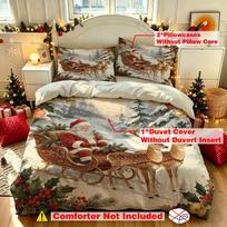 Vintage Christmas Santa Sleigh Reindeer 3Pcs Duvet Cover Set Winter Holiday Festive Farmhouse Bedding Set EU Double 200*200cm/79x79in 3pcs