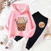 Capybara drink bubble tea fun print girls fashion set kids fall and winter casual comfortable warm hoodie + pants two-piece set 140 pink