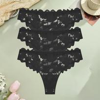FINETOO 3Pcs Lace Floral Thongs Hollow Out Solid Underwear Women's Sexy Low Waist Comfortable G-String Hot Girls Erotic Lingerie 1XL&3pcs black