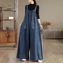 Oversized Blue Denim Overalls Female Commuting Versatile Jumpsuit Pants Autumn Trend Wide Leg Straight Jean Trousers XXXL mėlyna