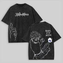 Gojo Aš Laimėčiau Marškinėliai Jujutsu Kaisen Linijinė Grafika Marškinėliai Senoviniai Išplauti Per dideli Retro Anime Harajuku Vyriški Gatvės Drabužiai Grafiniai Viršutiniai Drabužiai XL gray