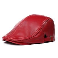 Womens Genuine Leather Beret With Short Brim Round Crown Foldable L55-56cm red