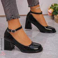 Ankle Strap Chunky Heel Mary Janes Pumps Women Fashion Black Patent Leather Dress Shoes Woman Elegant Round Toe High Heels Pumps 40 juoda