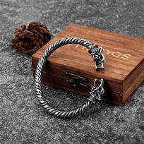 Punk Viking Odin Wolf Cuff Bangle Norse Mythology Geri Freki Amulet Bracelet Antique Stainless Steel Jewelry Gift for Men 58-60mm brown