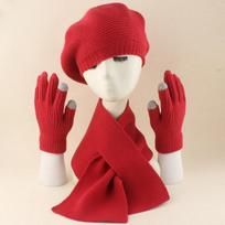 Womens Cashmere Blend Beret Hat Scarf Gloves Set Winter Warm Knit British Vintage Style Adult 55-59cm raudona