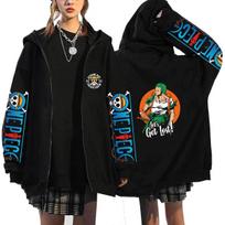 One Piece Roronoa Zoro Zip Up Hoodie, Anime Graphic Print Oversized Casual Black Hooded Jacket L white