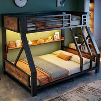 Metal Bunk Bed 90x200 / 140x200 cm, Single Bed Top, Double Bed Bottom, Storage Compartment, LED Lighting, Space-Saving Children's Furniture, Black 204 x 145 x 160 cm juoda