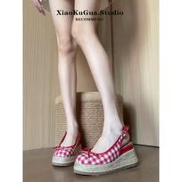 Retro red Mary Jane single shoes women's 2025 new summer plaid wedge head sandals high heel half slippers 35 raudona