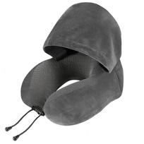 Travel Pillow with Hood U-Shaped Memory Foam Neck Pillow for Sleeping Soft Plush Eye Mask Cover for Airplane Car Office Travel pilka spalva