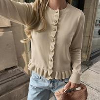 New Autumn-winter Urban Lady-style Round-neck Button-up Wooden-earbud Plain-colored Sweater L chaki
