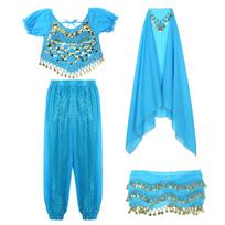 Womens Belly Dance Outfit Halloween Carnival Costume Short Puff Sleeve Sequin Crop Top Harem Pants Hip Scarf Headscarf One Size balta