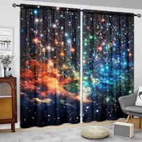 2 vnt. Galaxy Shining Stars užuolaidos, tunelis karnizui, kosmoso žvaigždėto dangaus žvaigždėmis margintos užuolaidos, langų užuolaidos svetainei, virtuvei W65X60H(cm)X2Pcs&Grommet Top