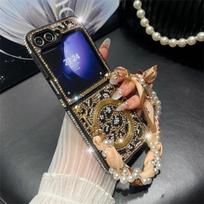 Hand Chain Wrist Strap Pearl Silk Scarf Bling Glitter Leopard Print Magnetic Phone Case For Samsung Galaxy Z Flip 7 6 5 4 3 5G Galaxy Z Flip3 5G ruda