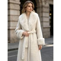 Moteriškas ilgas žieminis paltas su dirbtinio lapės kailio apykakle, oversized, didelio dydžio, lietpalčio stiliaus viršutinis drabužis, šaltam orui 3XL 150-170cm balta