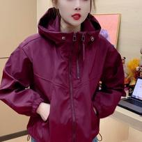 Spring Jacket Jacket Women's Fashion Zipper Loose Casual Hooded Short All-match Jacket Top M vyno raudonos spalvos