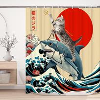 Japoniška katės dušo užuolaida, Vintažinis anime saulėlydžio banguotas menas, Vandeniui atsparus audinys su kabliukais W90H165(CM)-1 Pcs