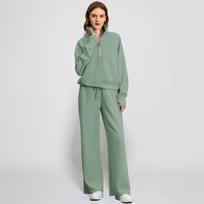 Fashionable Women's Two-piece Zipper Sweatshirt Wide-leg Sweatpants Casual Suit XL gray
